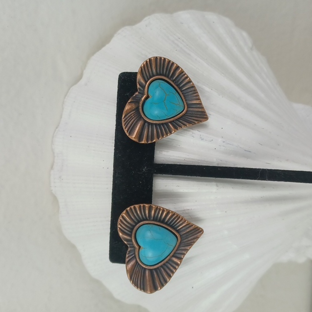 Paparazzi Cool Turquoise & Copper Tone Stud Heart Earrings